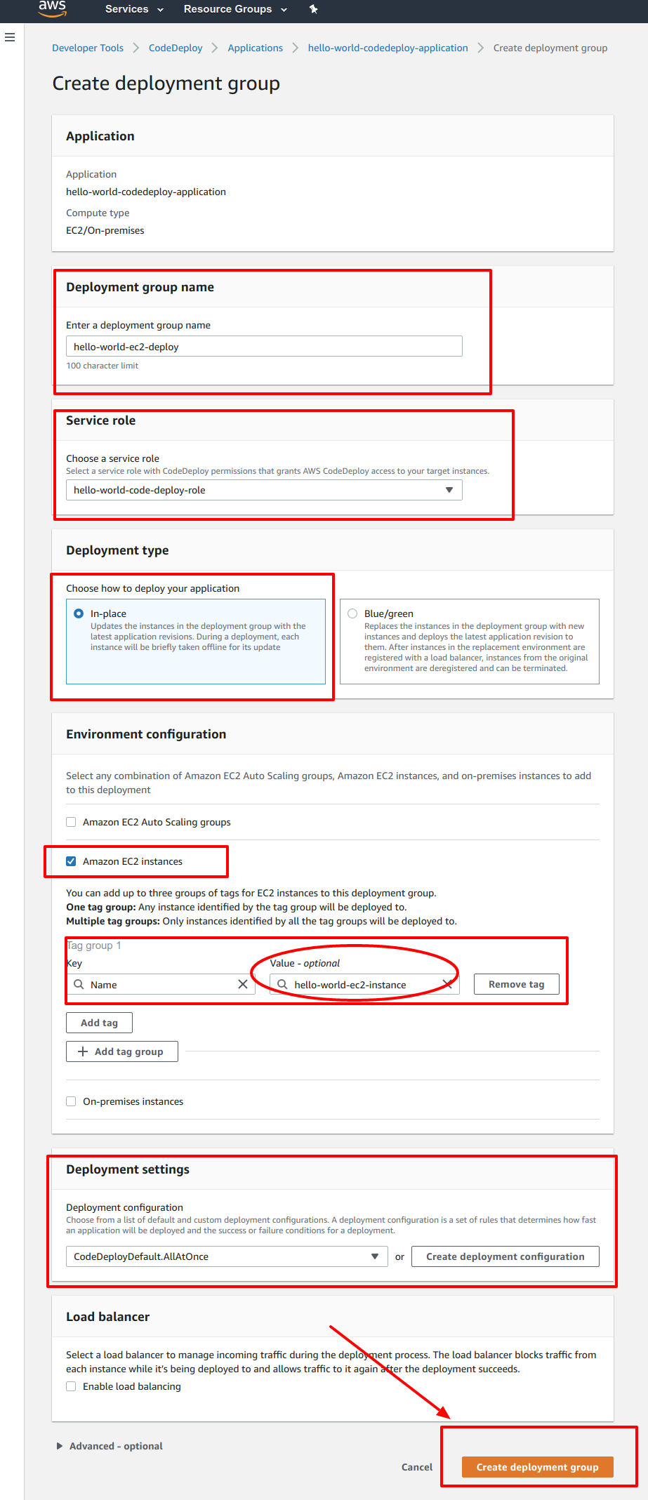 Deployment group creation form